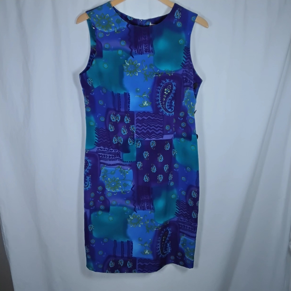 R & K Originals Vintage Dress Summer Casual Formal Blu Teal L